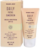 Trader Joe's Daily Facial Sunscreen front packaging shows oil-free formula ideal for daily wear.