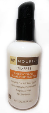 Trader Joe's Nourish Oil-Free Antioxidant Facial Moisturizer bottle front provides lightweight hydration.