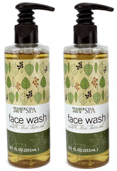 Trader Joe's Spa Face Wash bottle close-up with tea tree oil for a refreshing cleanse