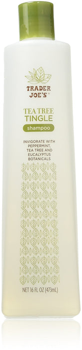 Trader Joe's Tea Tree Tingle Shampoo bottle showcasing minty scalp refresh
