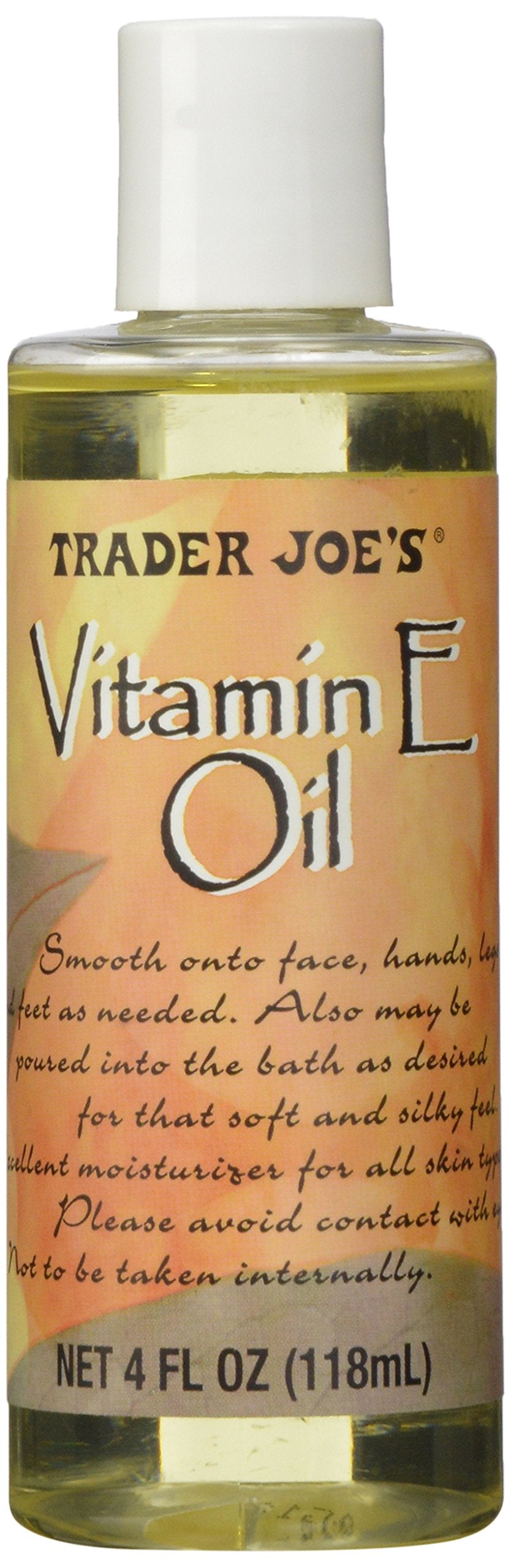 Trader Joe's Vitamin Oil E bottle offering smooth moisturizer for all skin types.