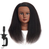 Traininghead mannequin head with black hair, front view for practice.