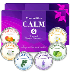 TranquilBliss shower steamers packaging highlighted for gifting and relaxation.