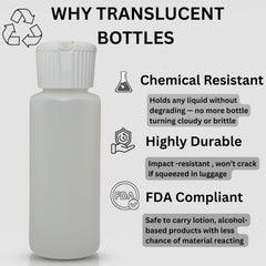 Translucent squeeze bottles clear body closeup shows crystal clarity for easy content ID.