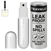Travalo Classic HD silver front view highlights portable, leak-proof perfume for on-the-go use.