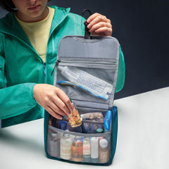 Travelon World Travel Essentials Hanging Toiletry Case open-compartment showing roomy interior pockets