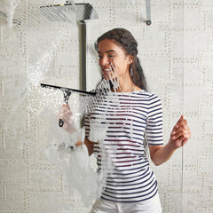 Trazon scrub brush set 6 pcs with squeegee image demonstrates glass and grout cleaning assistance