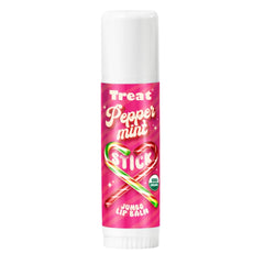 Treat Jumbo Lip Balm peppermint stick tube showing a refreshing peppermint scent on smooth lips