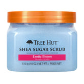 Tree Hut Exotic Bloom sugar scrub jar shows exfoliating beads for smooth skin