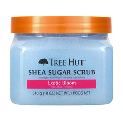 Tree Hut Exotic Bloom sugar scrub jar shows exfoliating beads for smooth skin