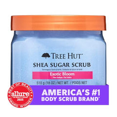 Tree Hut Exotic Bloom sugar scrub texture close-up highlights gentle exfoliation benefits