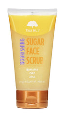 Tree Hut Nourishing Banana & Oat Face Scrub jar close-up shows creamy texture for balanced skin