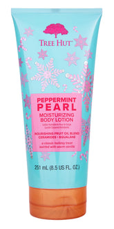 Tree Hut Peppermint Pearl Body Lotion bottle front showcases holiday scent and hydration.
