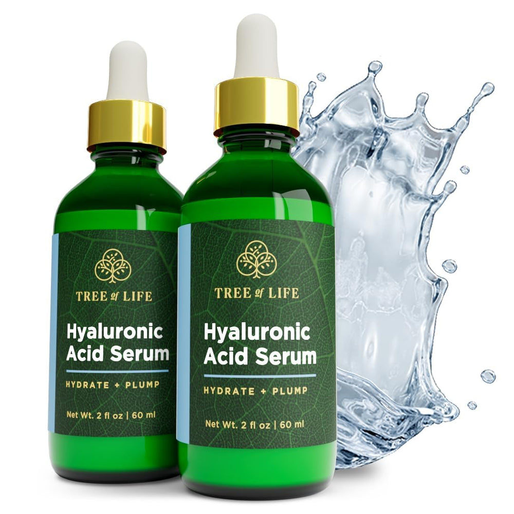 Tree of Life Beauty Hyaluronic Acid Serum bottle front illustrating lightweight hydration for soft skin