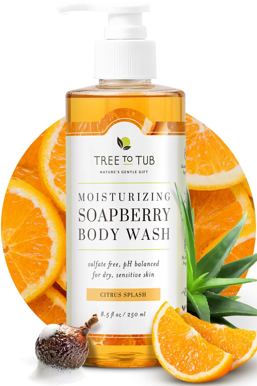 Tree to Tub Citrus Body Wash bottle pouring rich lather for dry skin care.