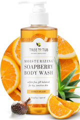 Tree to Tub Citrus Body Wash bottle pouring rich lather for dry skin care.
