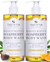 Tree to Tub Citrus Body Wash bottle showcases hydrating formula with shea and aloe.