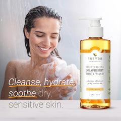 Tree to Tub Citrus Body Wash ingredients label highlighting chamomile and aloe.