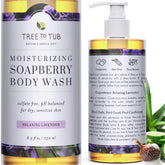 Tree to Tub Lavender Body Wash bottle pour shows gentle cleansing for sensitive and dry skin.