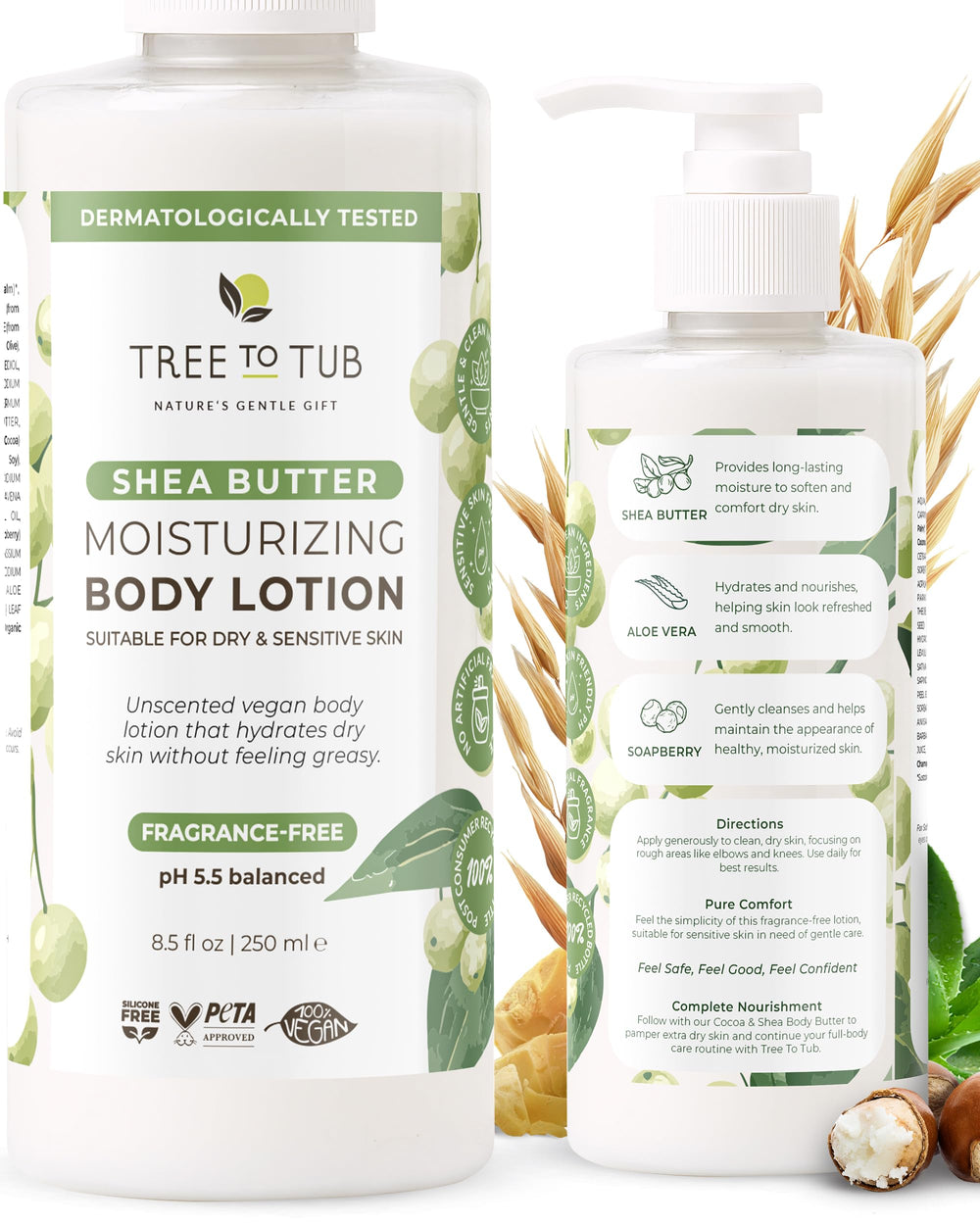 Tree to Tub Unscented Shea Butter Lotion bottle demonstrates fragrance-free hydration for dry skin.
