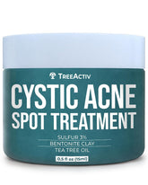 TreeActiv cystic acne spot-treatment bottle closeup demonstrates a long-lasting face and body solution.
