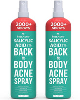 TreeActiv salicylic back acne spray bottle demonstrates fast-drying, non-staining acne care.