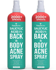 TreeActiv salicylic back acne spray bottle demonstrates fast-drying, non-staining acne care.