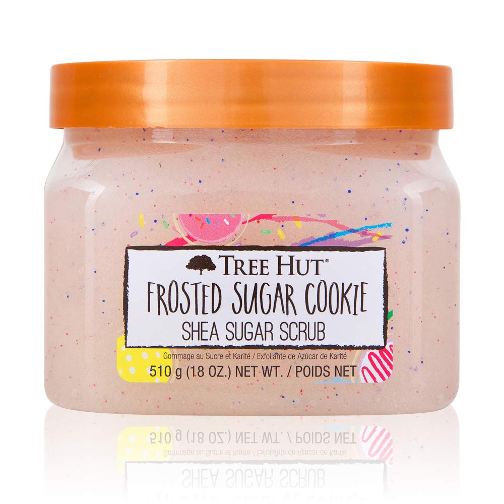 Tree Hut Frosted Sugar Cookie Scrub jar closeup showcasing exfoliating texture for smooth skin