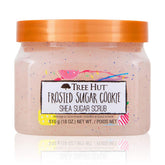 Tree Hut Frosted Sugar Cookie Scrub jar closeup showcasing exfoliating texture for smooth skin