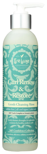 Treluxe Gentle Cleansing Rinse bottle demonstrating gentle cleansing and detangling for curls.