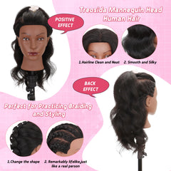 Treosida 18-inch mannequin head length displayed for versatile hairstyle practice.