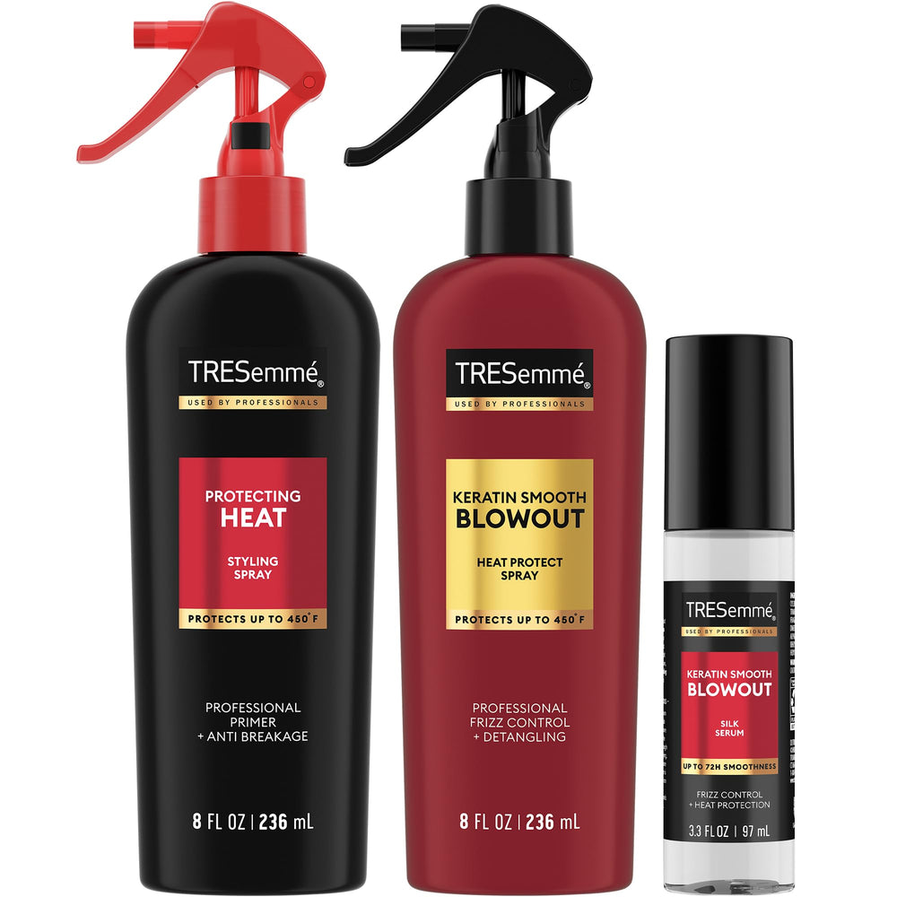 TRESemmé blowout set packshot with keratin spray, heat spray, silk serum