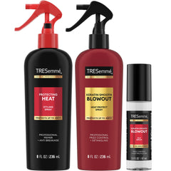 TRESemmé blowout set packshot with keratin spray, heat spray, silk serum