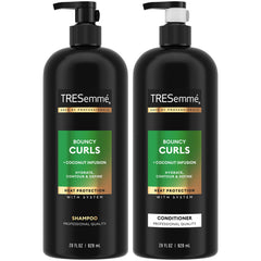 TRESemmé Bouncy Curls shampoo bottle on a bathroom shelf delivering hydration.