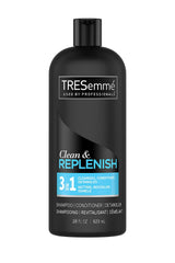 TRESemmé Clean & Replenish 3-in-1 bottle front view, convenient all-in-one hair care solution