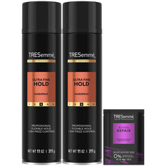 TRESemmé hairspray ultra fine hold bottle delivers lightweight, long-lasting style with no crunch.
