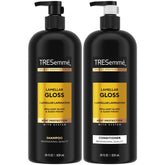 TRESemmé Lamellar Gloss Shampoo bottle promises sleek shine and frizz control.