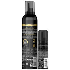 TRESemmé mousse being spread on damp hair for even distribution.