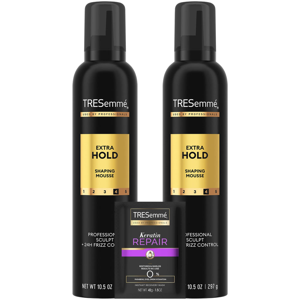 TRESemmé Mousse Extra Hold bottle front shows flexible hold and moisture