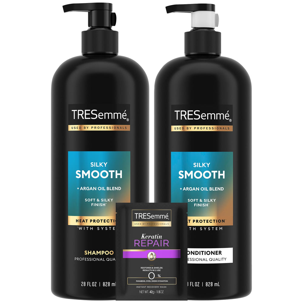 TRESemmé shampoo bottle with argan oleo blend for frizz control and manageability.