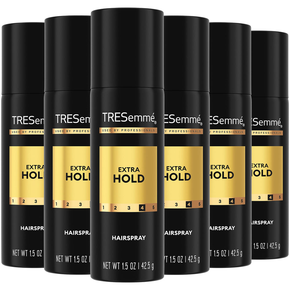TRESemmé Travel Hairspray Extra Hold can shown for on-the-go styling.