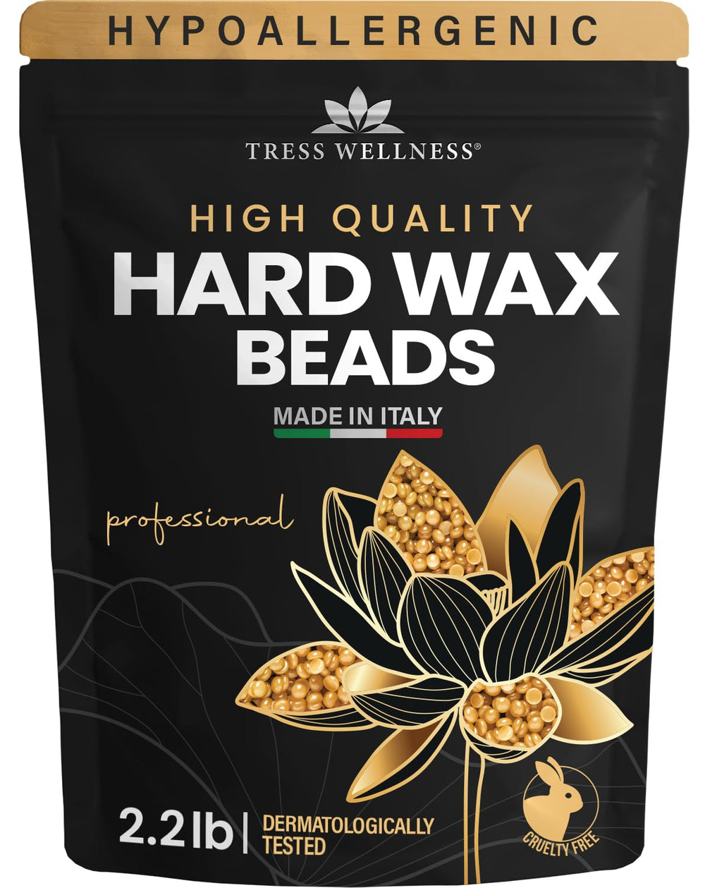 Tress Wellness wax beads closeup jar — unscented, gentle hair removal for sensitive skin.