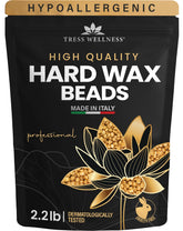 Tress Wellness wax beads closeup jar — unscented, gentle hair removal for sensitive skin.