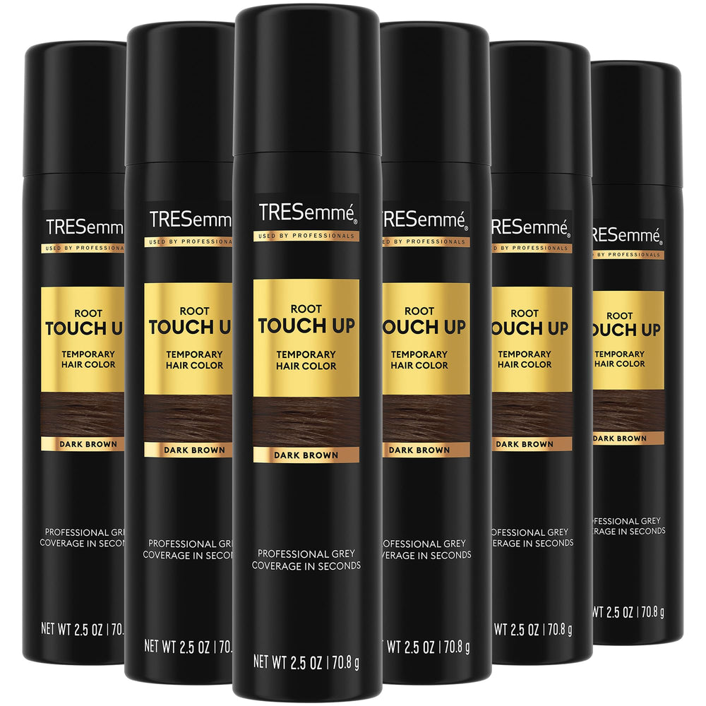 TRESemmé Root Touch Up spray bottle mist over dark brown roots for quick color refresh.
