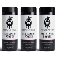 Tribal Chimp Hair Styling Powder bottle close-up shows matte finish and natural hold.