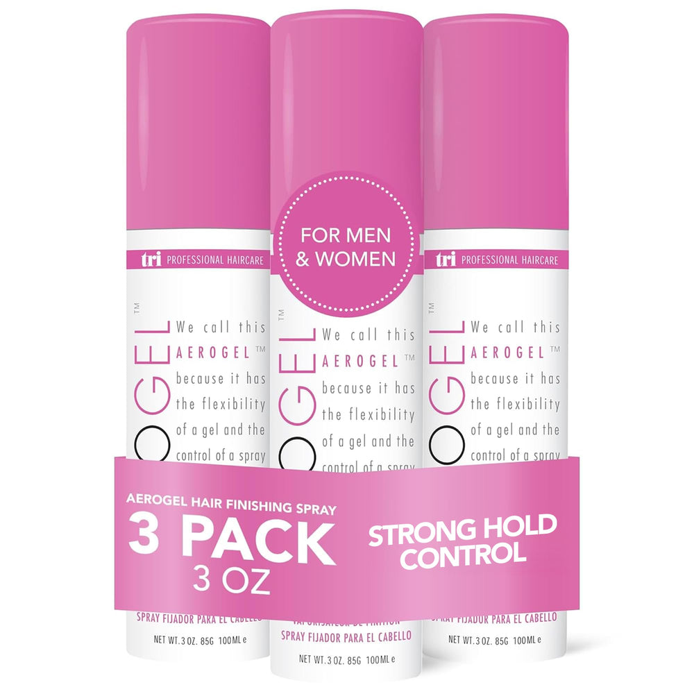 TRIDESIGN Aerogel bottle with spray hold for flexible styling and long-lasting lift.
