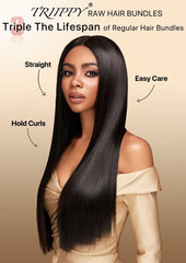 Triippy straight bundles packaging shot highlights triple-lifespan promise with durable, reusable hair.