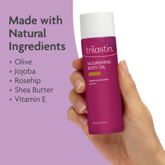 TriLASTIN Belly Oil application scene emphasizes gentle daily use during and after pregnancy.
