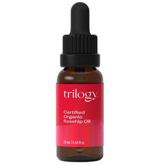 Trilogy rosehip oil bottle closeup highlights pure organic nourishment for skin