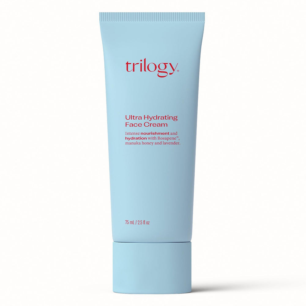 Trilogy Ultra Hydrating Face Cream bottle close-up showing intense moisture for dry skin